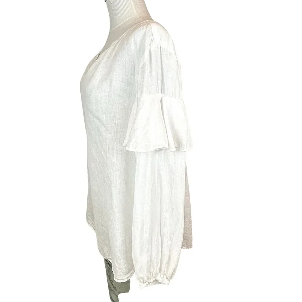 Velvet Womens Linen Tyra Ruffled Long-Sleeve Peasant Boho Top‎ Sz Large White - Picture 5 of 13